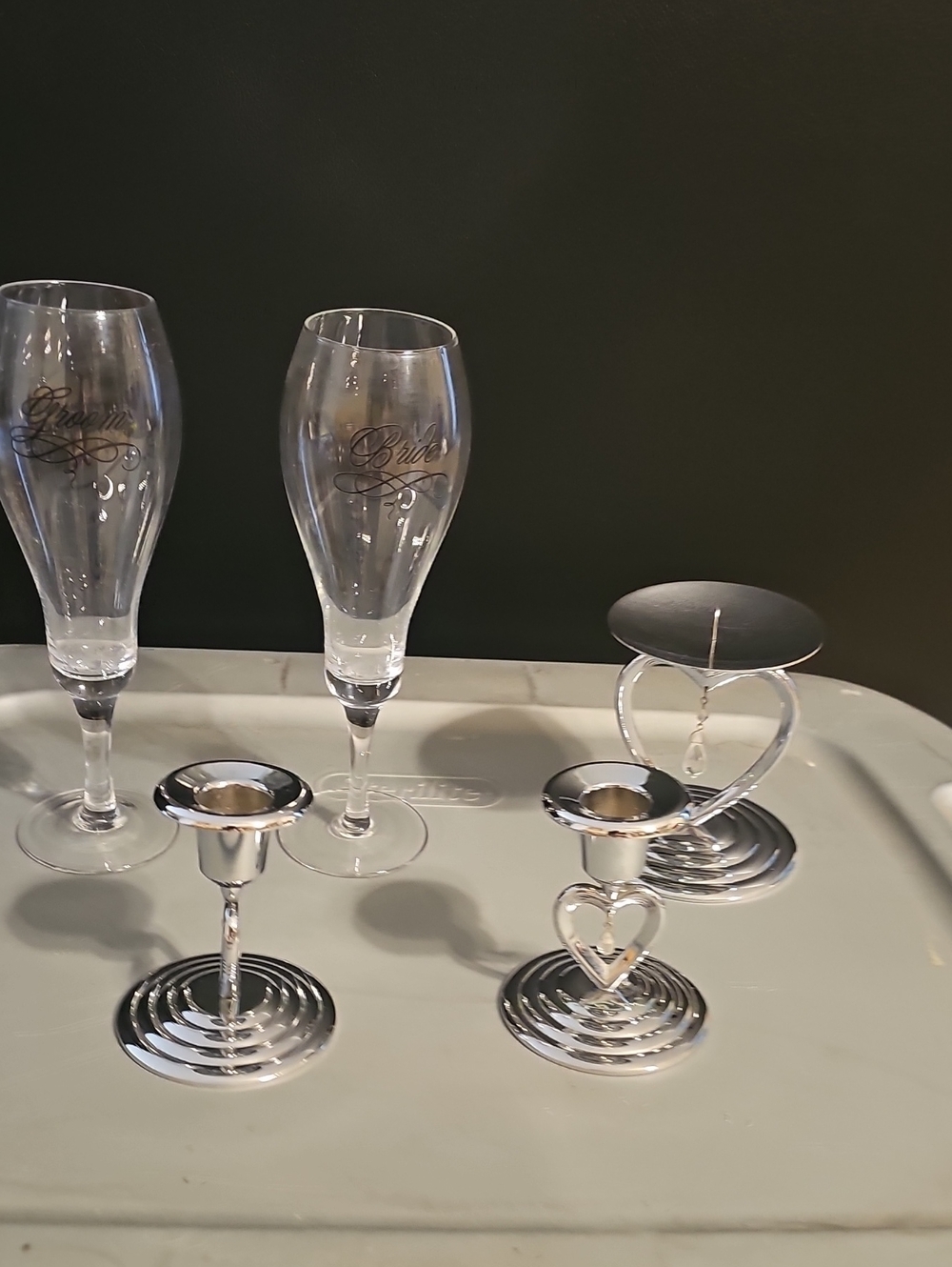 Wedding Glasses & Elegant Silver Tone Heart & Spiral Candle Holder Set Tote 1
